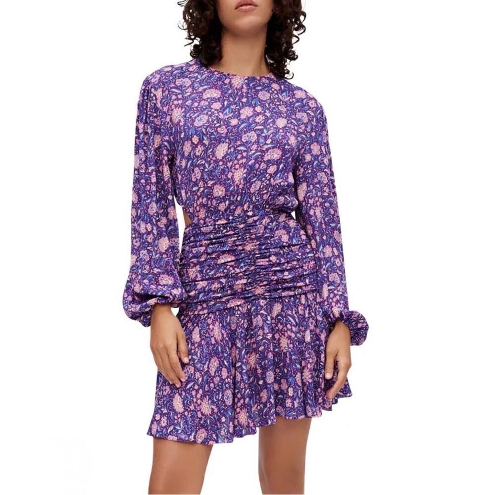 NWT Maje Roleta Purple Floral Smocked Mini Dress Long Sleeve Boho 10 Medium
